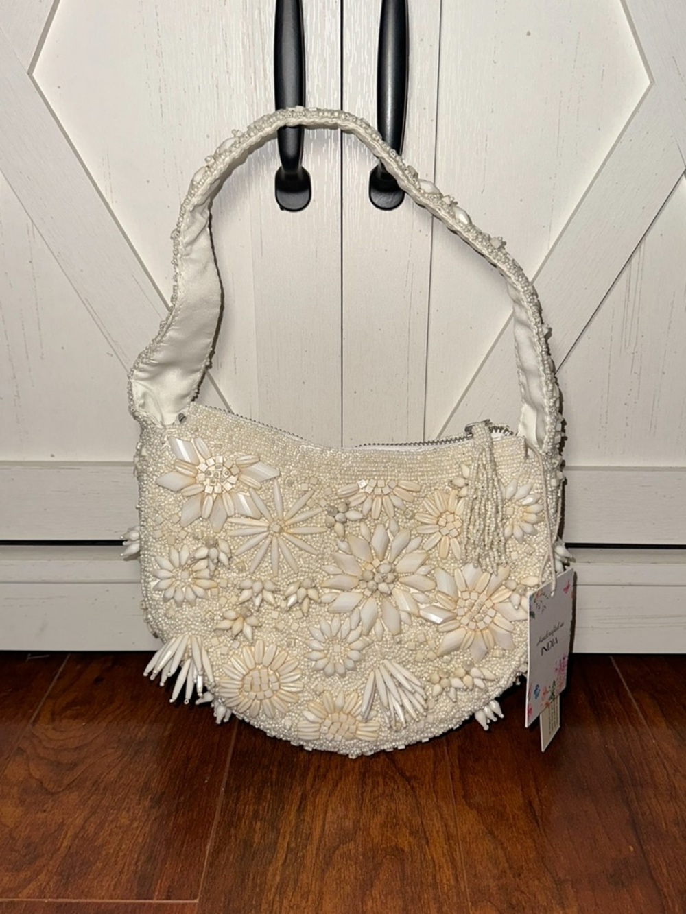 Handcrafted in India White Beaded Floral Shoulder Bag